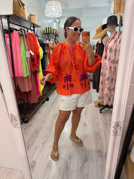 Blusa Jaipur vichy naranja y lila