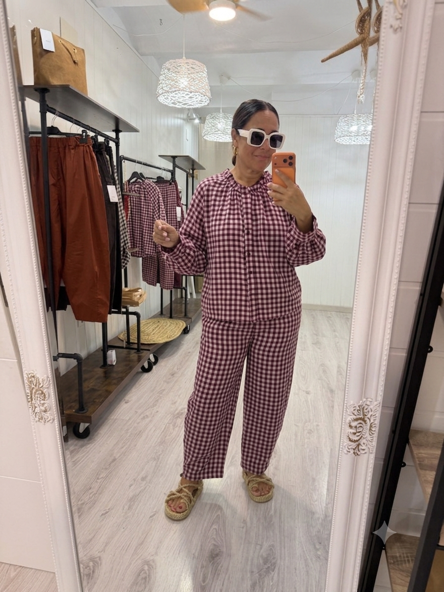 Pantalón Vichy Sena burdeos y rosa
