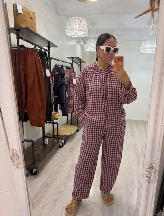Pantalón Vichy Sena burdeos y rosa