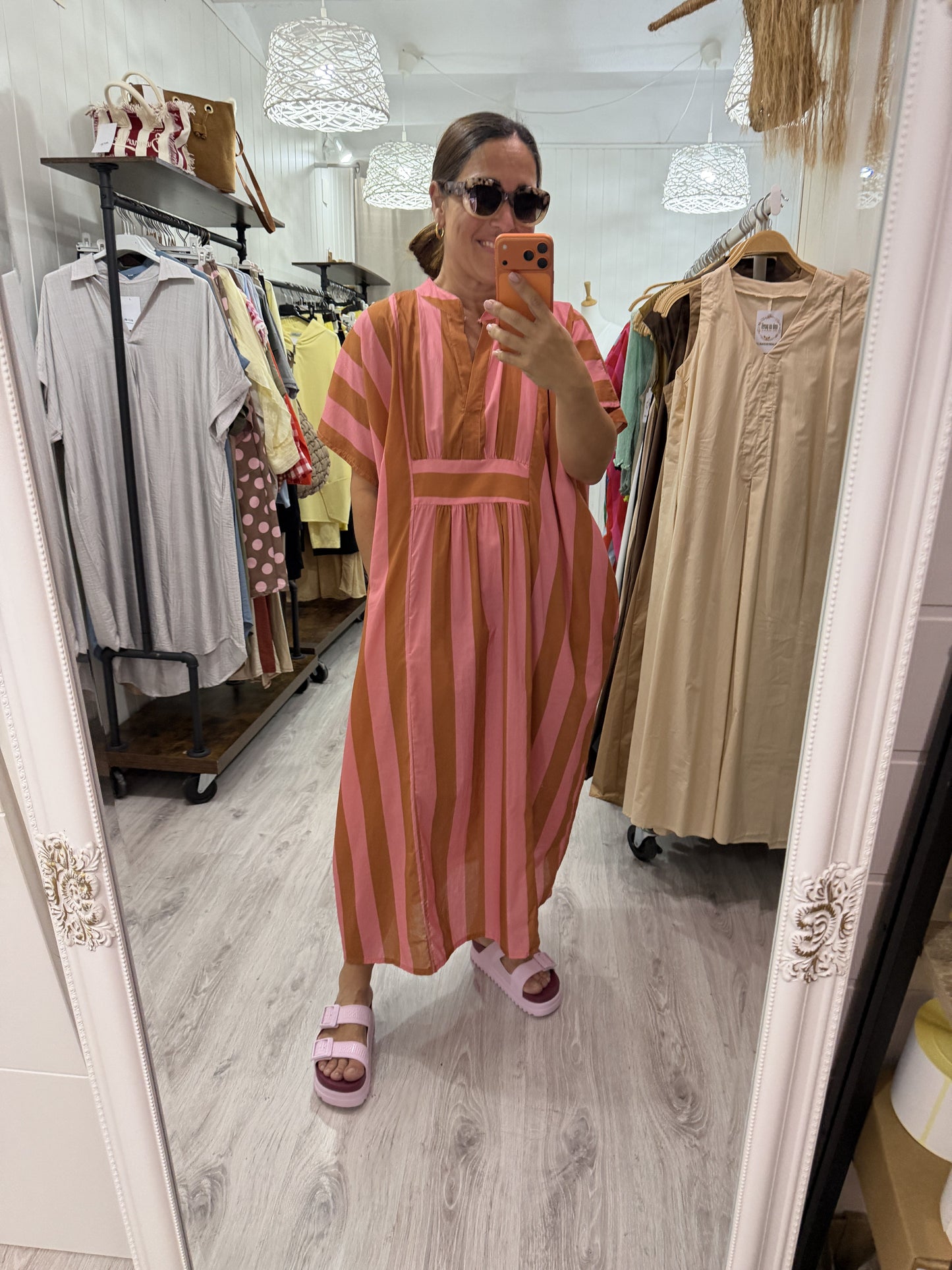 Kaftan oversize Toscana rosa y camel