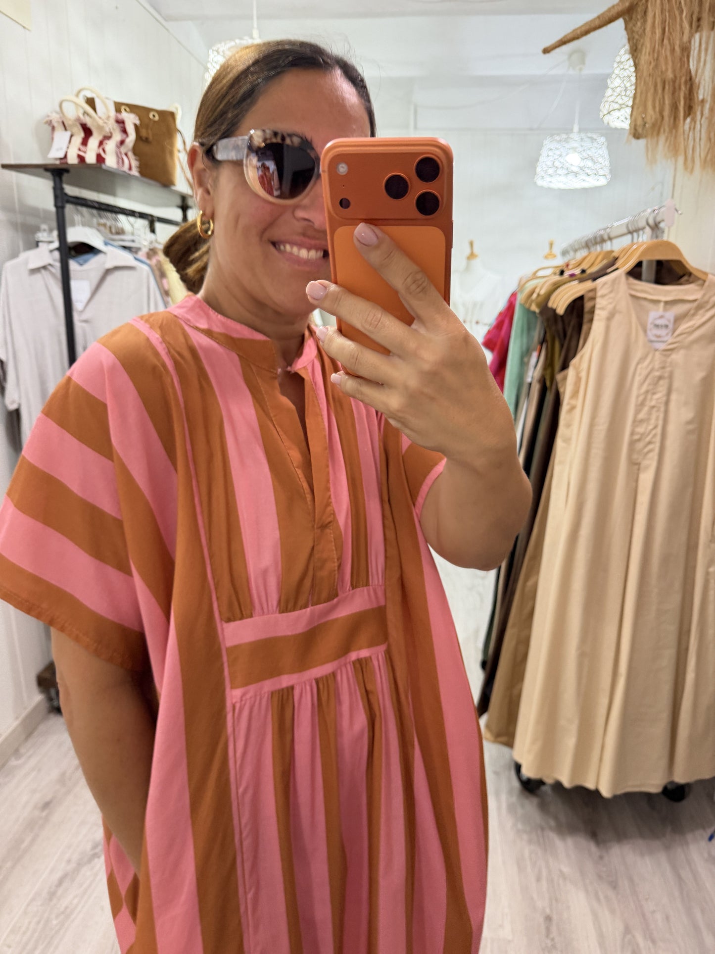Kaftan oversize Toscana rosa y camel
