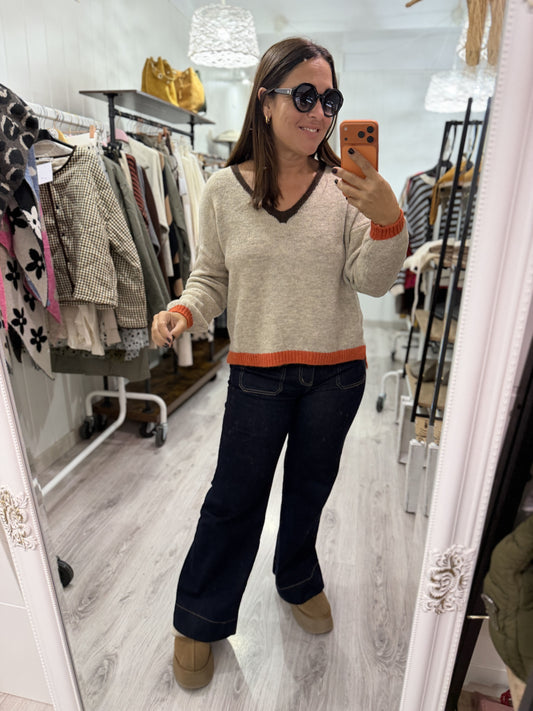 Jersei Camila pico beige, marrón y naranja