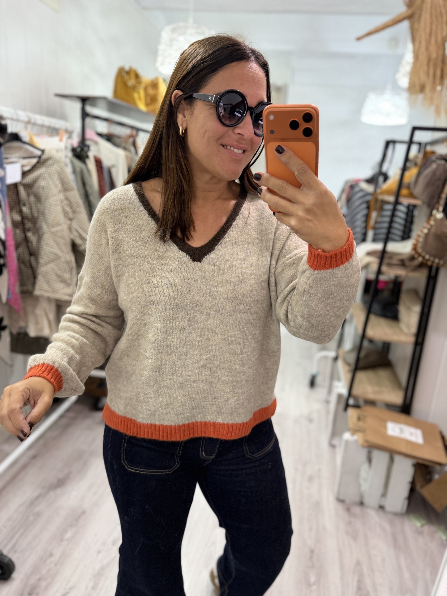 Jersei Camila pico beige, marrón y naranja