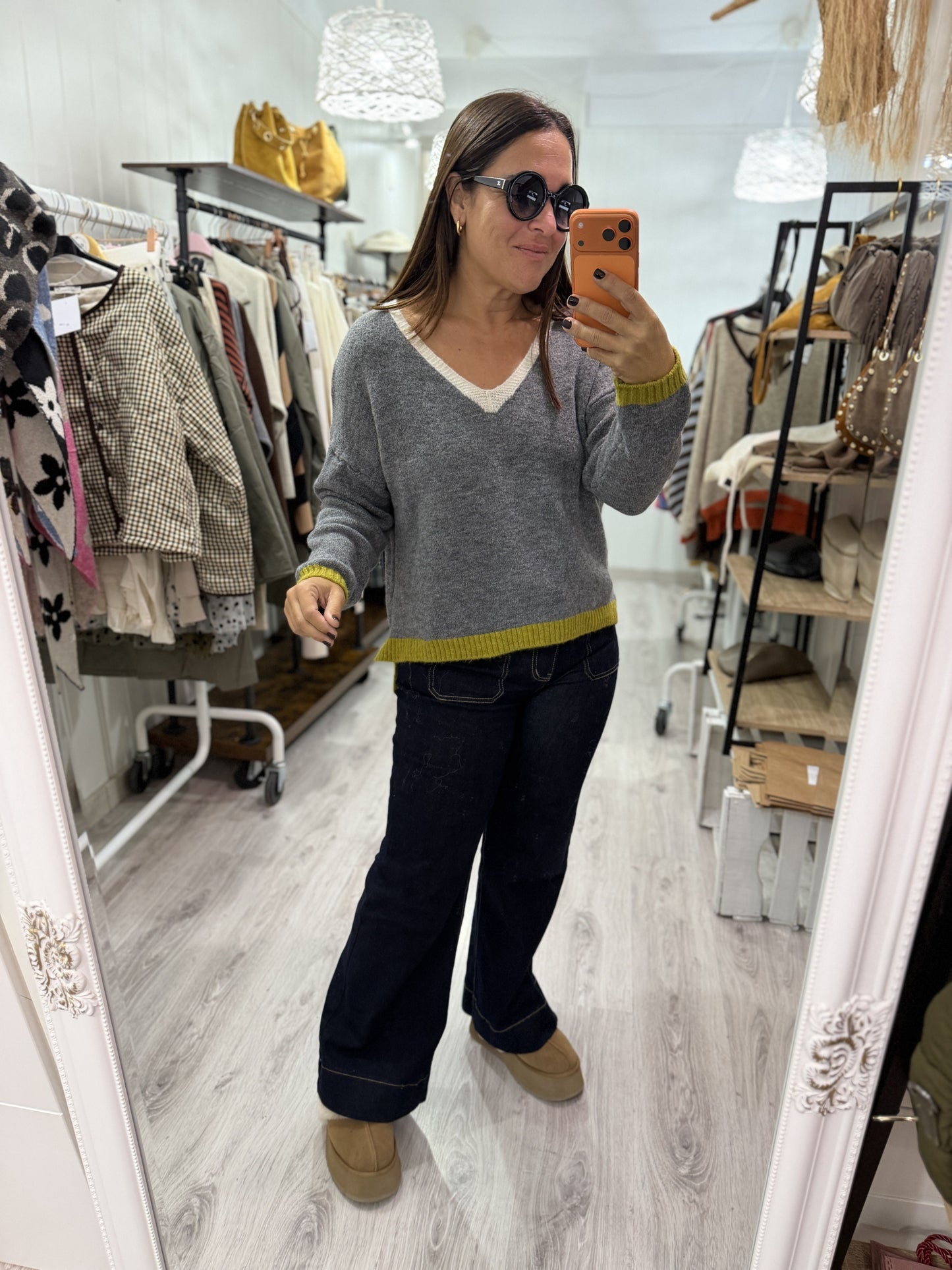 Jersei Camila pico gris, beige y pistacho