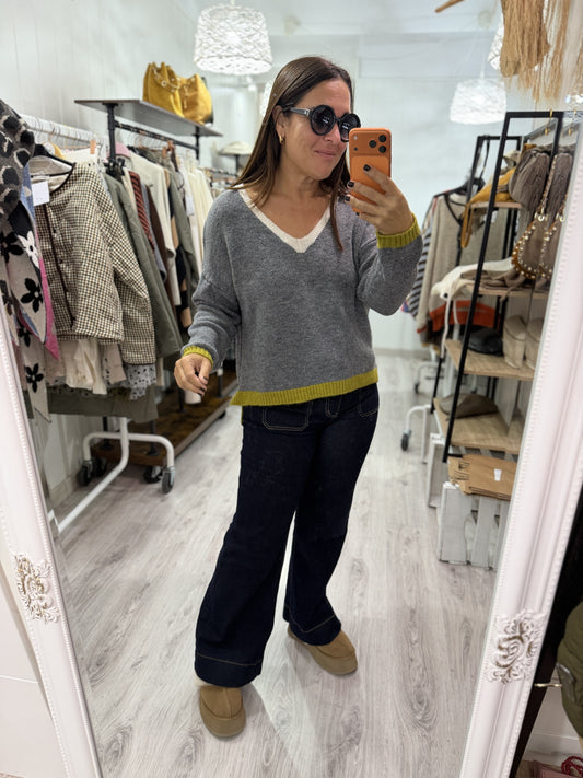 Jersei Camila pico gris, beige y pistacho