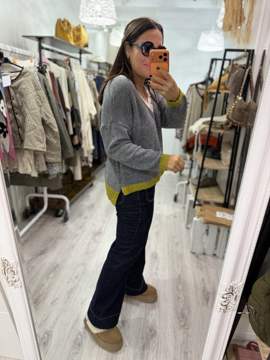 Jersei Camila pico gris, beige y pistacho