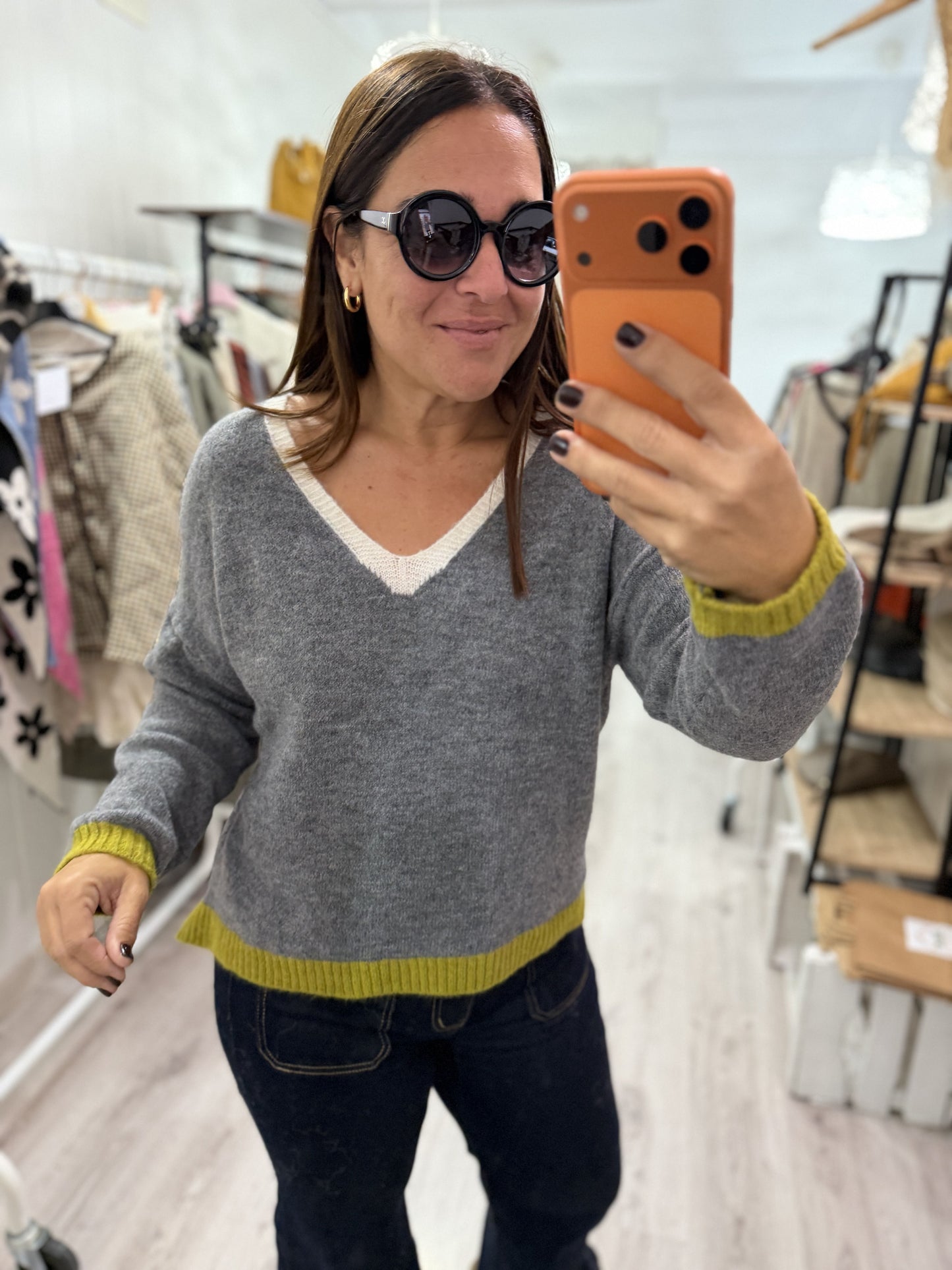 Jersei Camila pico gris, beige y pistacho