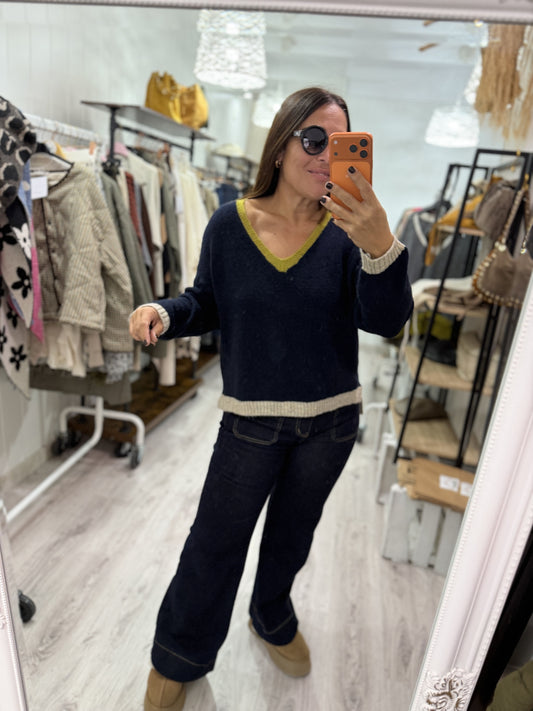 Jersei Camila pico marino, pistacho y gris