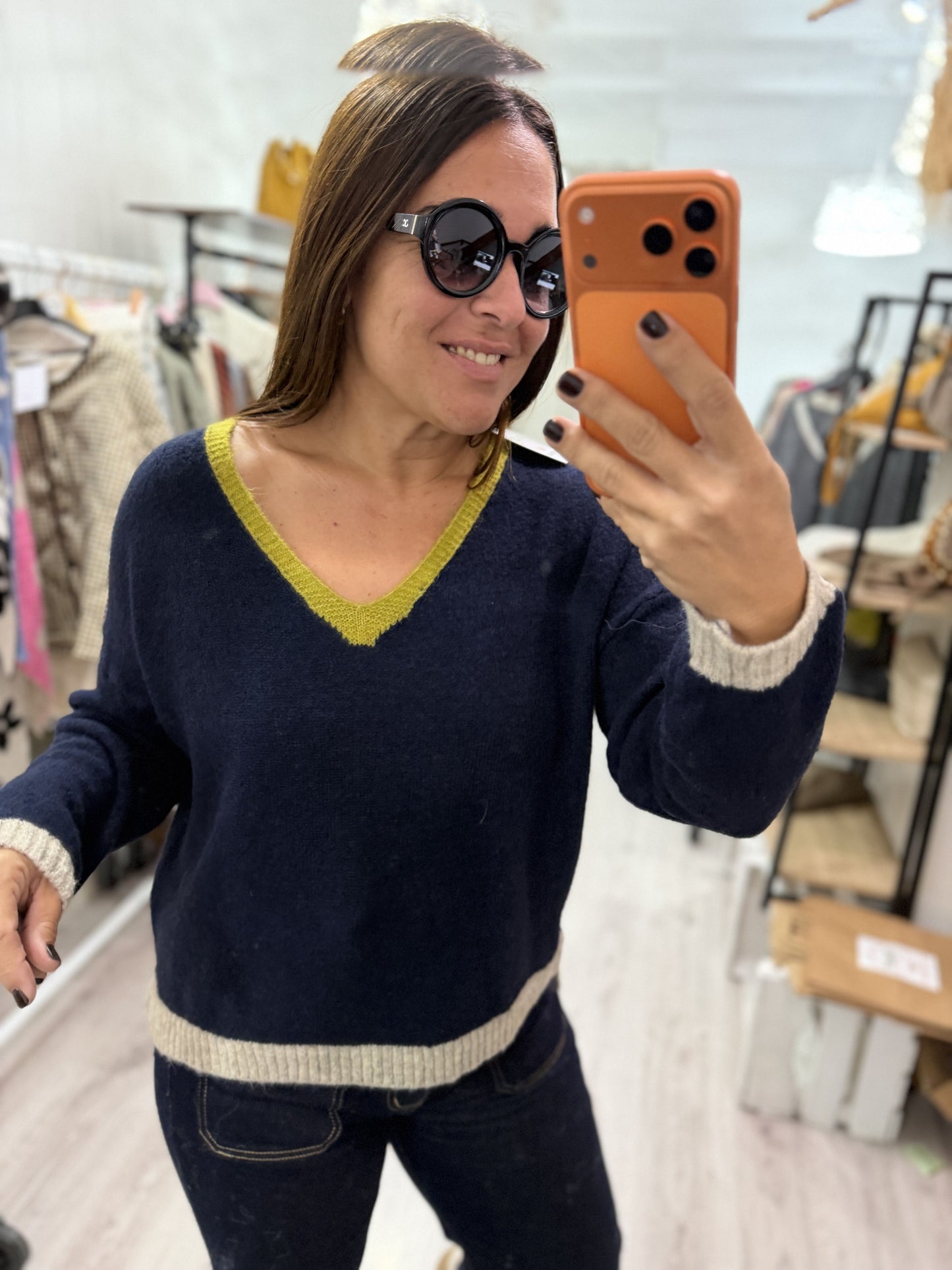 Jersei Camila pico marino, pistacho y gris