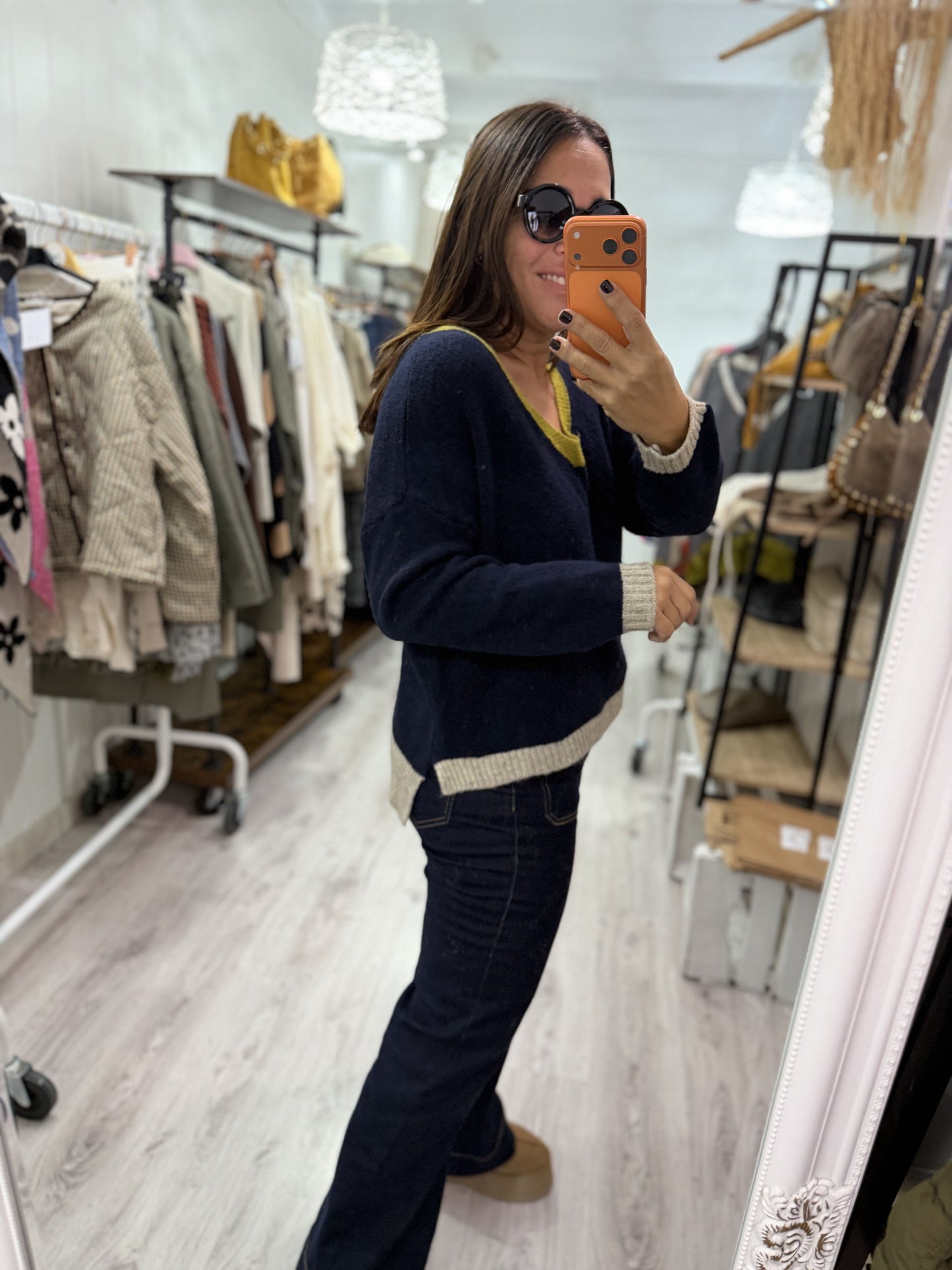 Jersei Camila pico marino, pistacho y gris