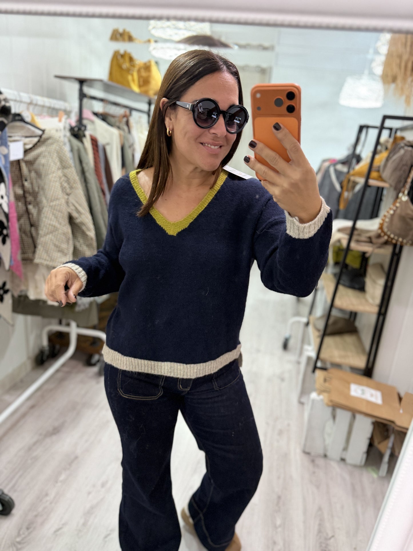 Jersei Camila pico marino, pistacho y gris