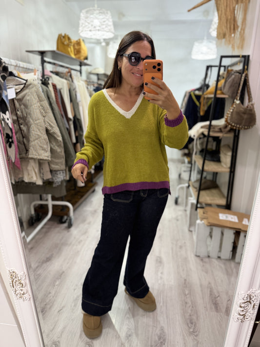 Jersei Camila pico pistacho, morado y beige