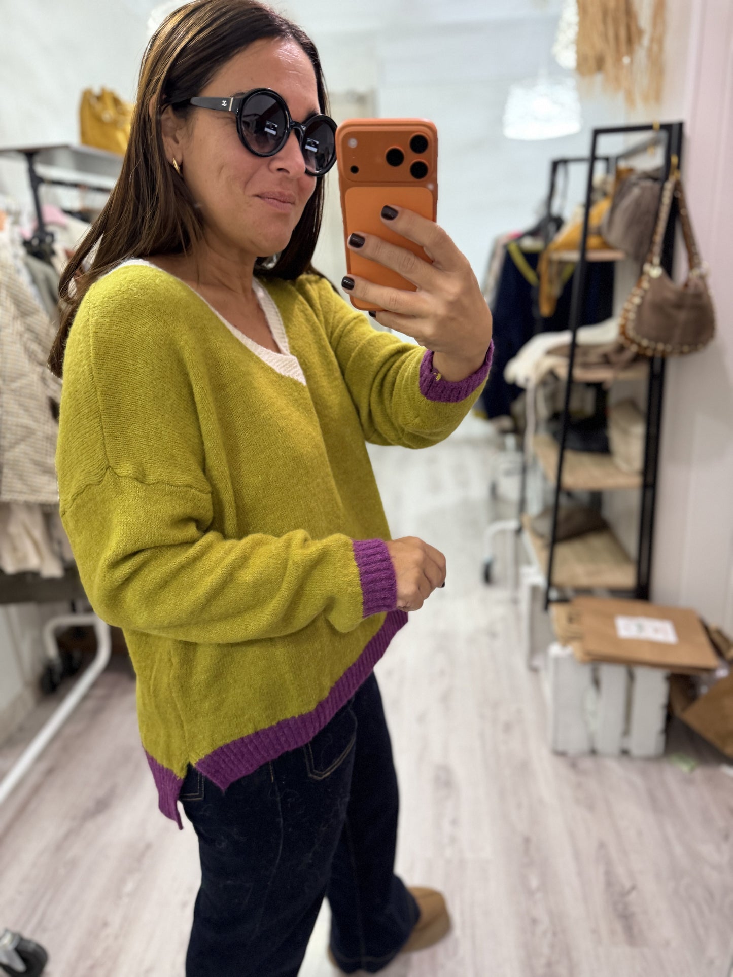 Jersei Camila pico pistacho, morado y beige