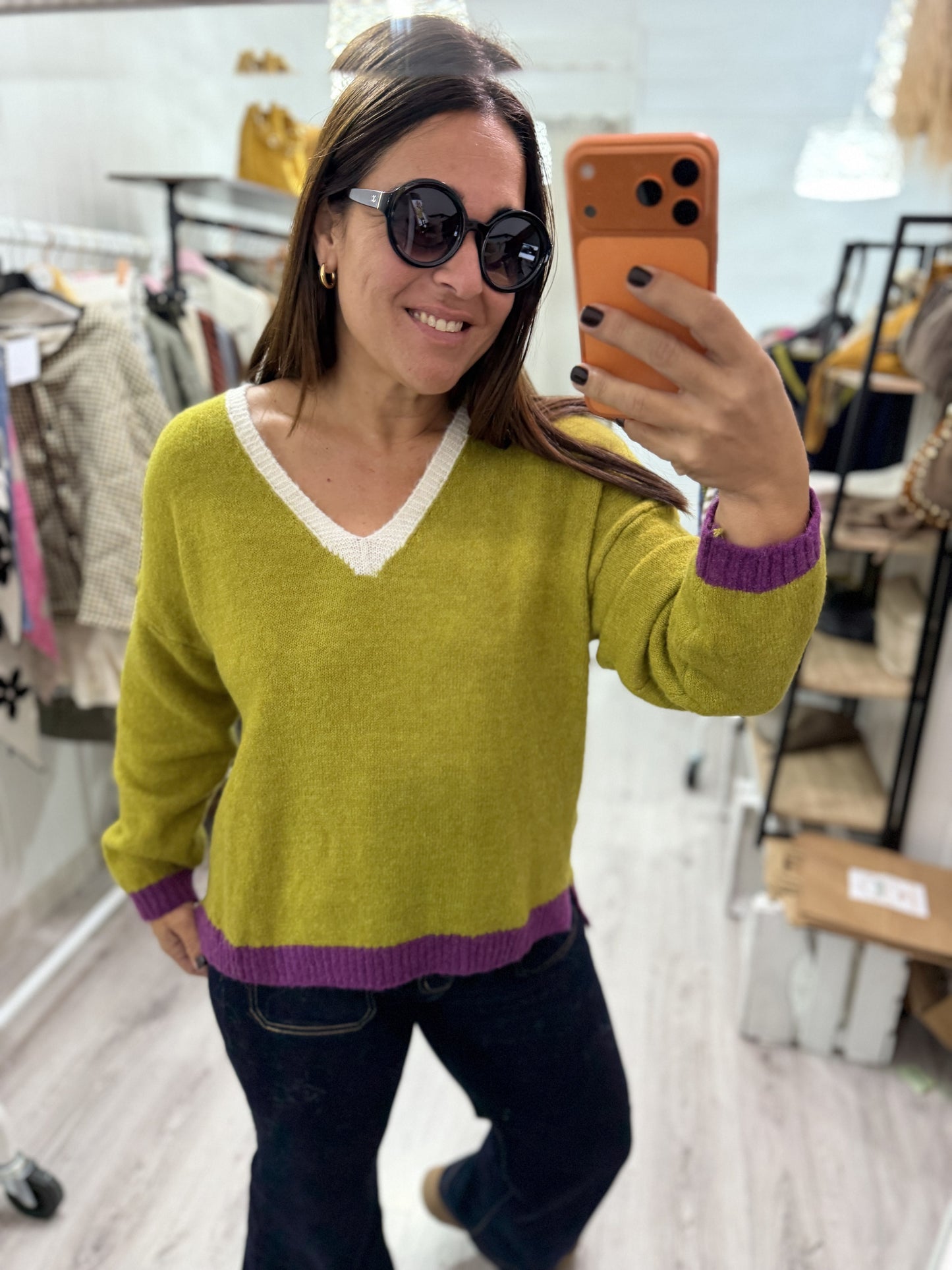 Jersei Camila pico pistacho, morado y beige