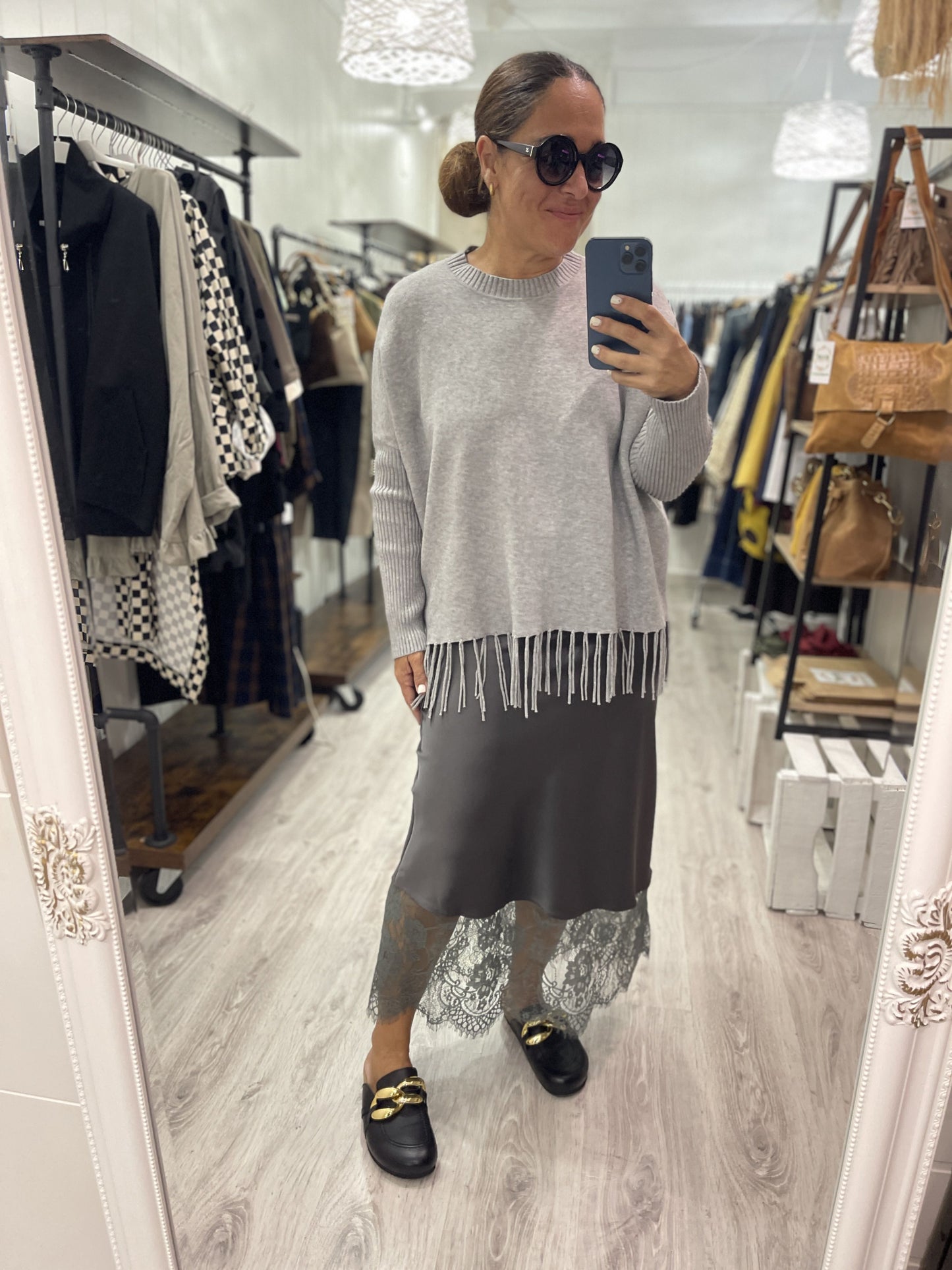 Falda Raso bajo lencero gris