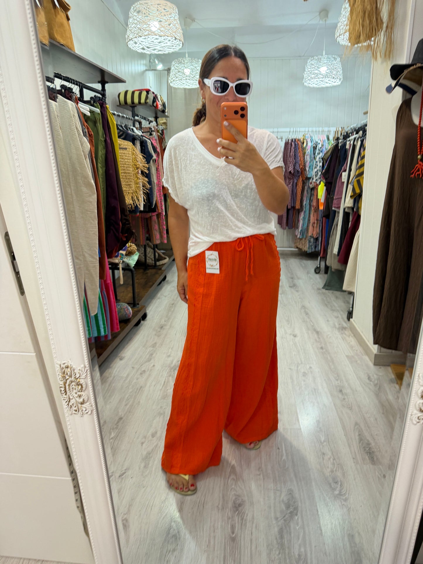 Pantalón Bambula puntillas naranja
