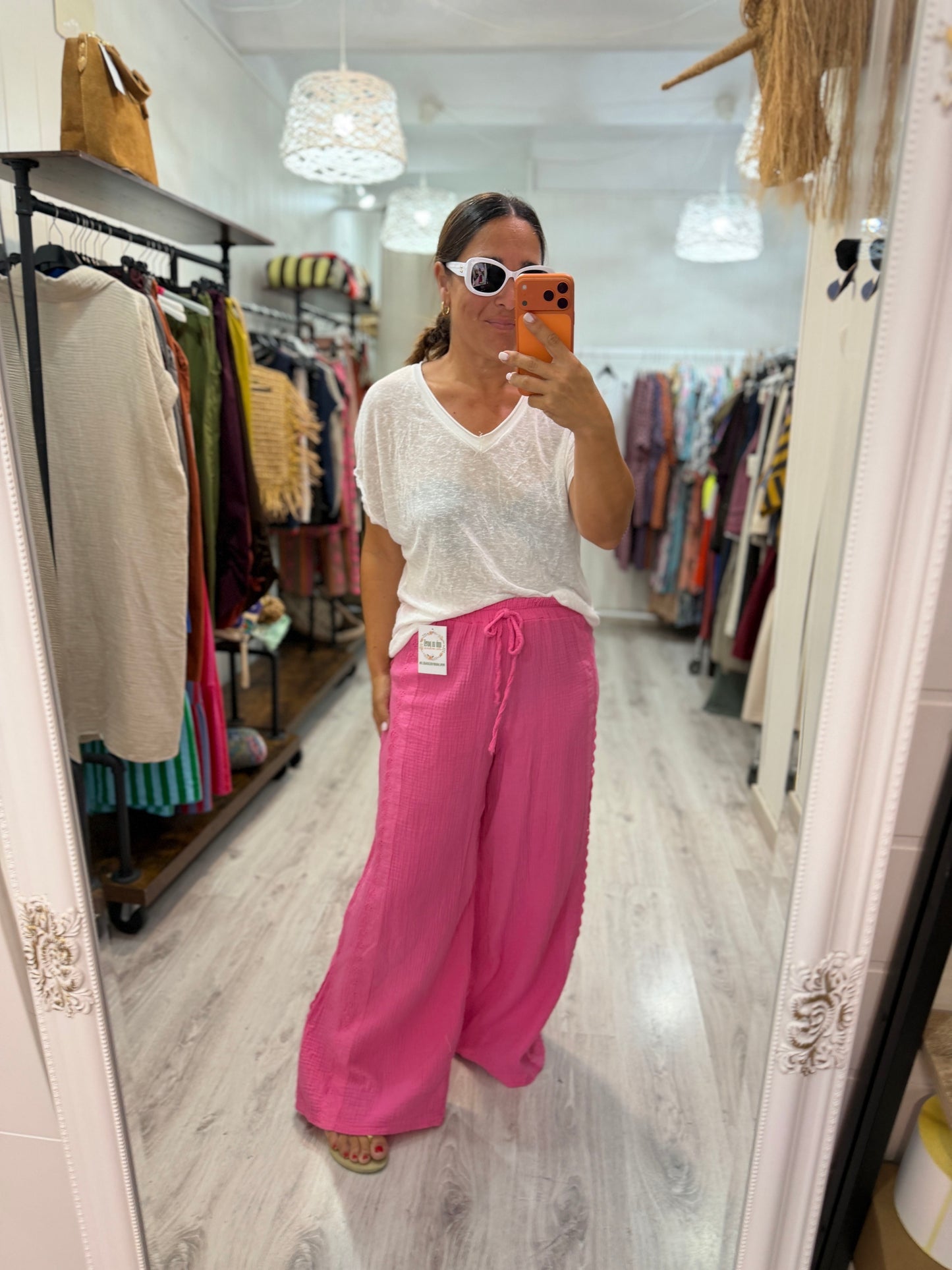 Pantalón Bambula puntillas fucsia