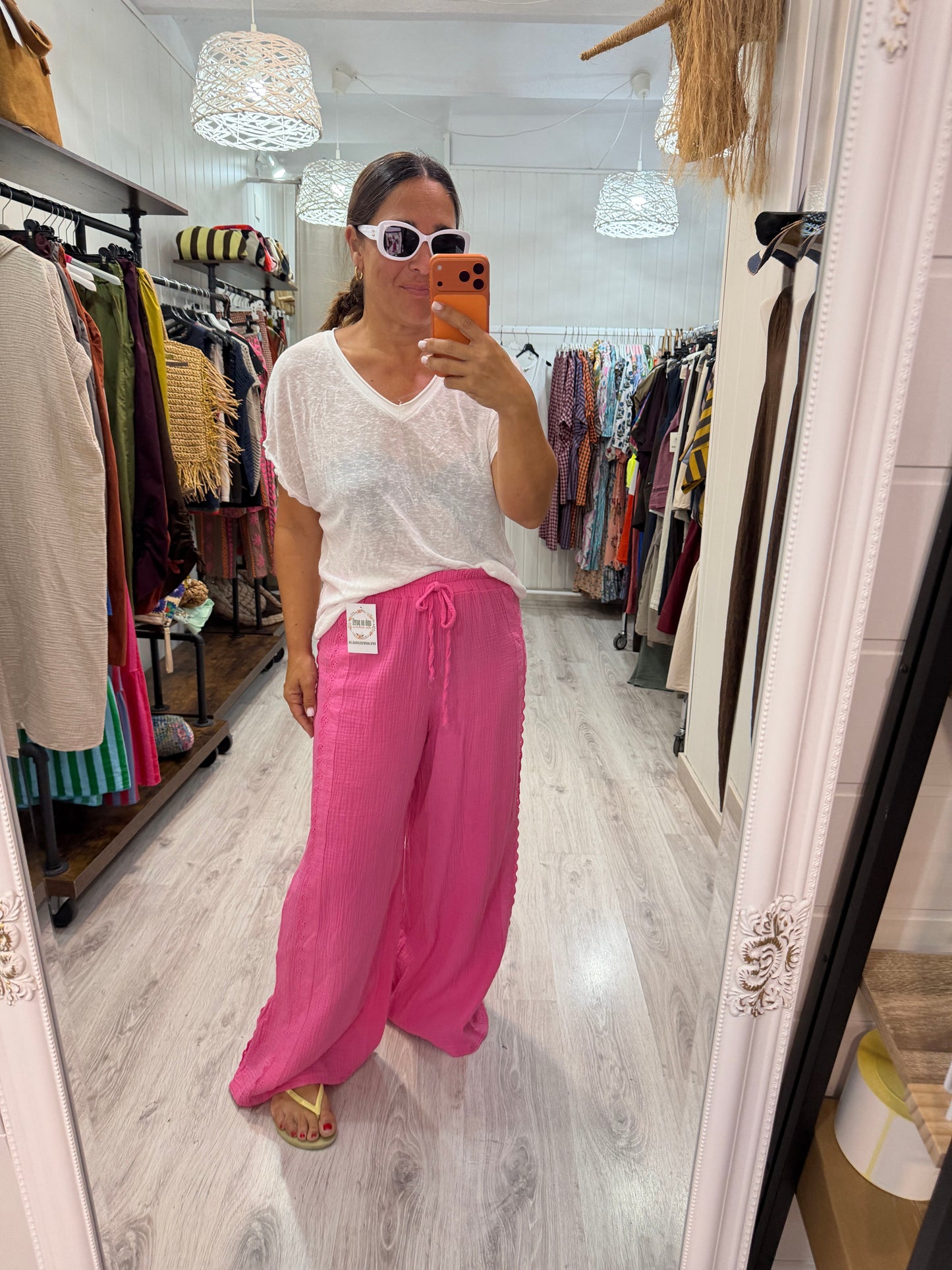 Pantalón Bambula puntillas fucsia