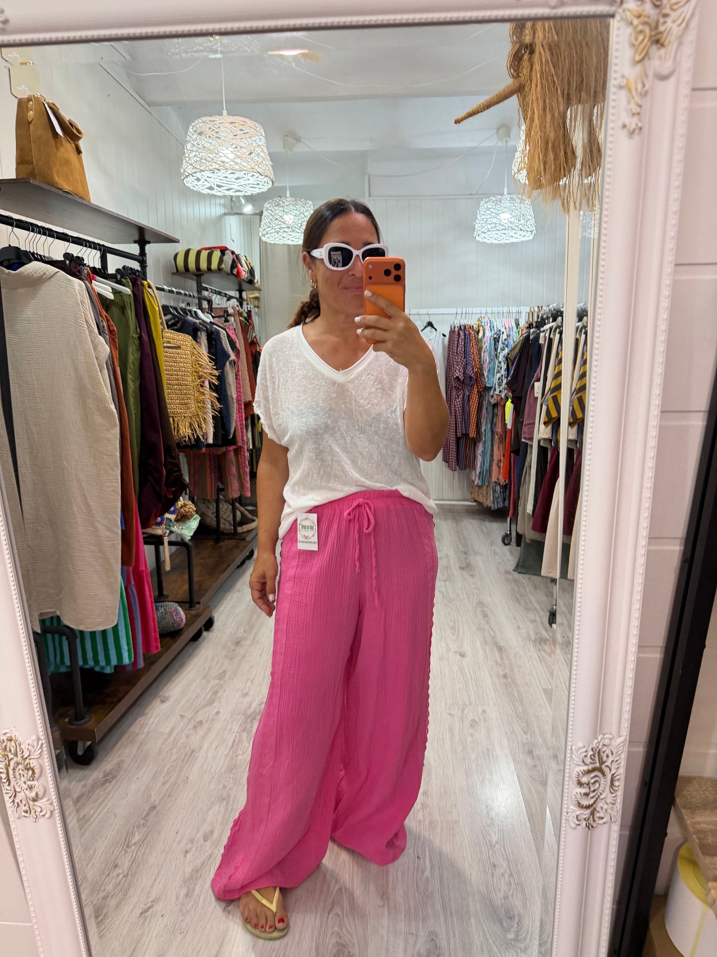 Pantalón Bambula puntillas fucsia