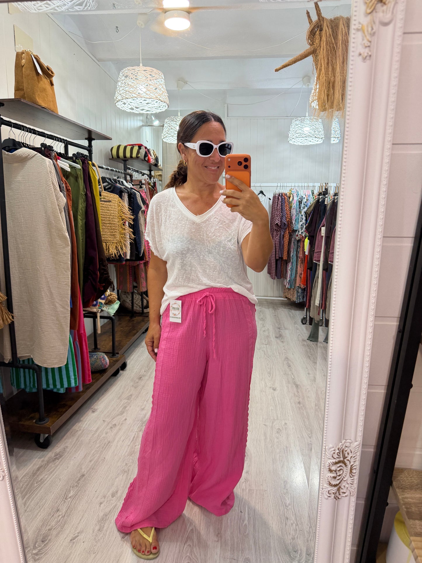 Pantalón Bambula puntillas fucsia