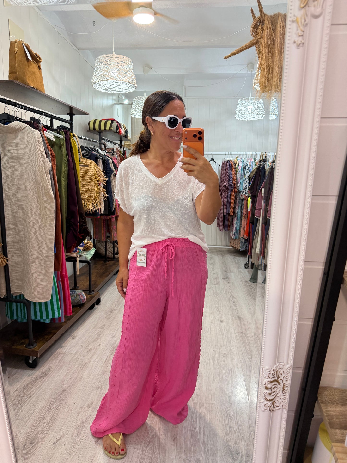 Pantalón Bambula puntillas fucsia