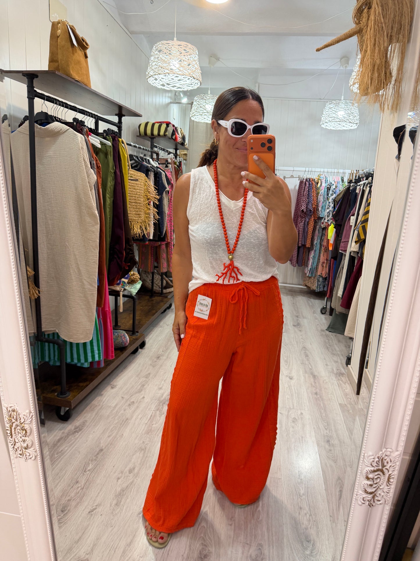 Pantalón Bambula puntillas naranja