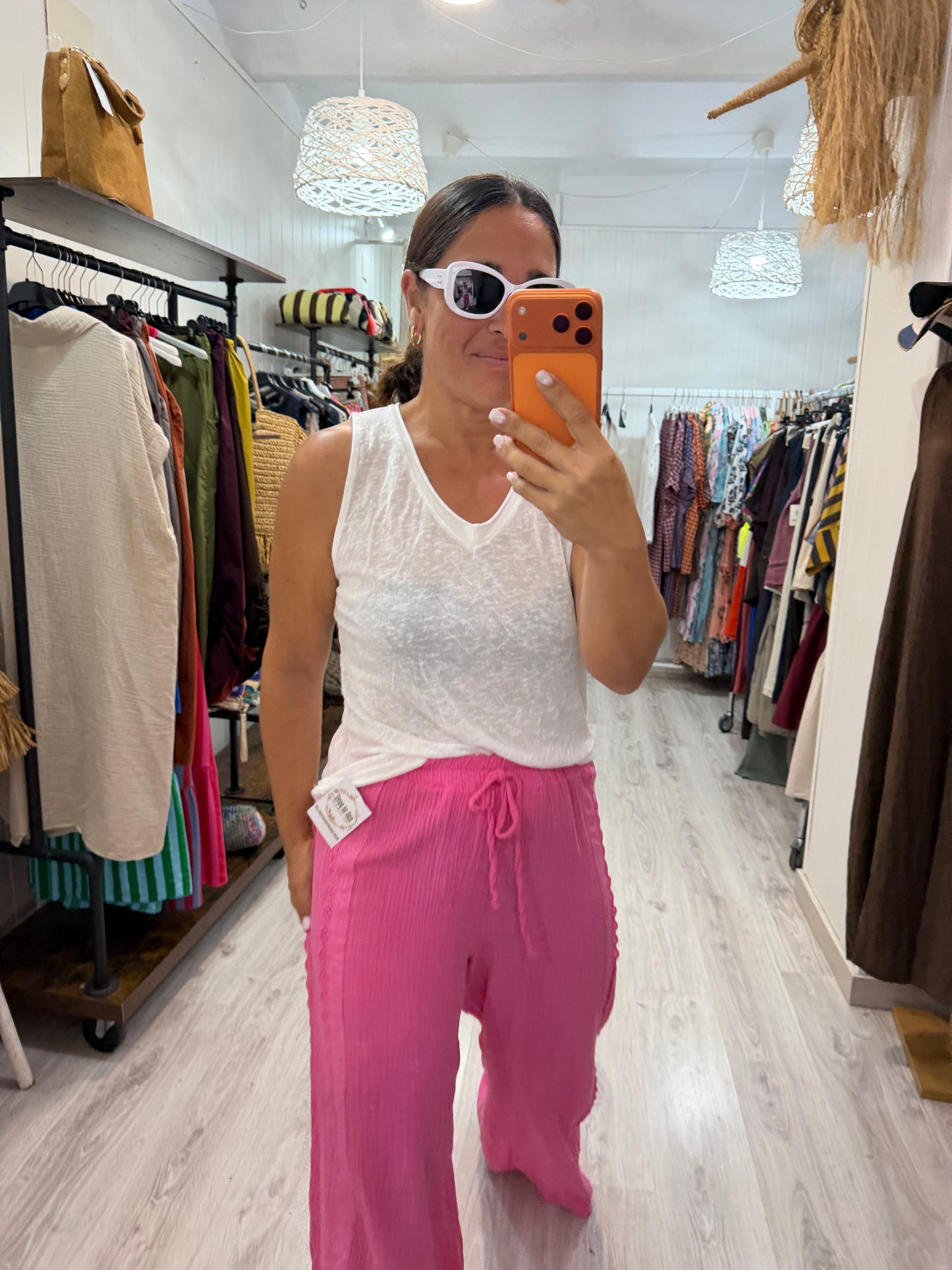 Pantalón Bambula puntillas fucsia