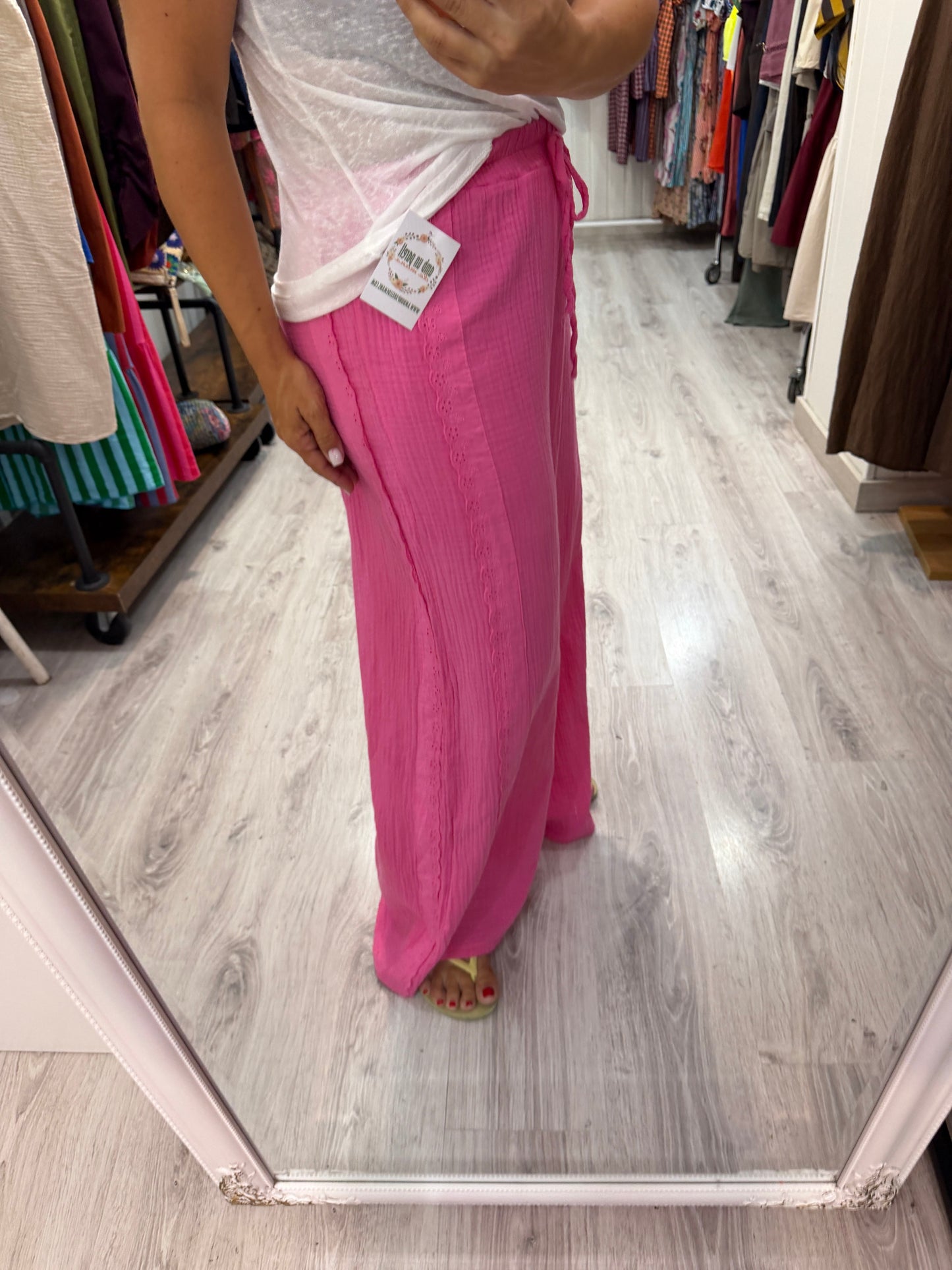Pantalón Bambula puntillas fucsia