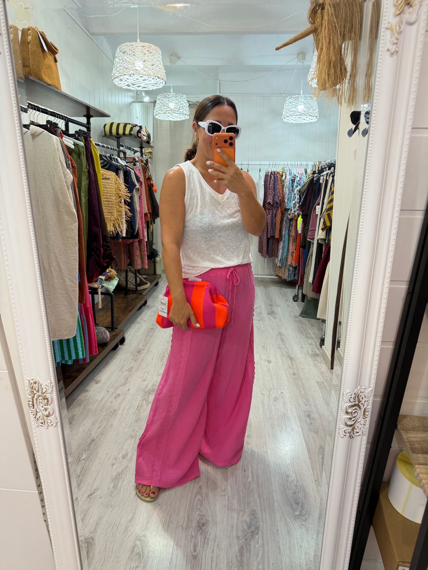 Pantalón Bambula puntillas fucsia
