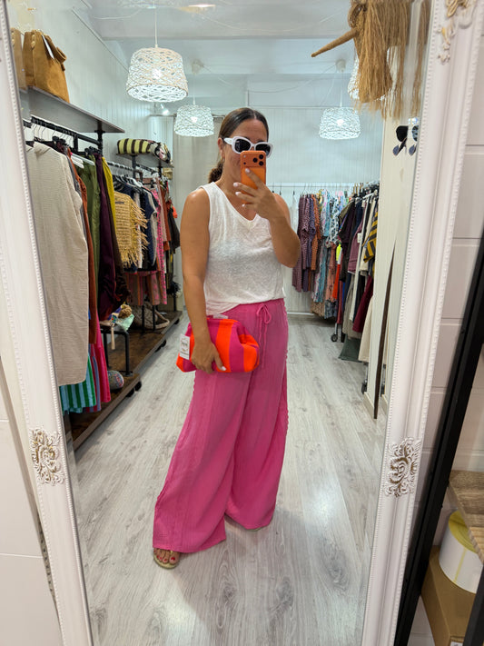 Pantalón Bambula puntillas fucsia