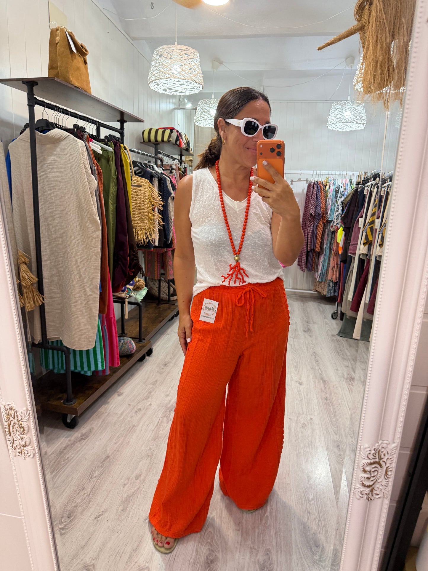 Pantalón Bambula puntillas naranja