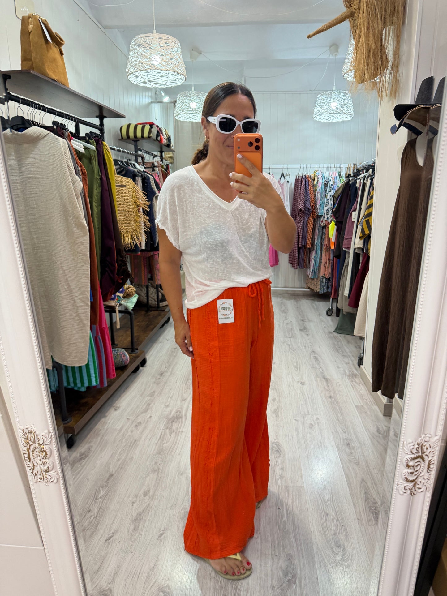 Pantalón Bambula puntillas naranja