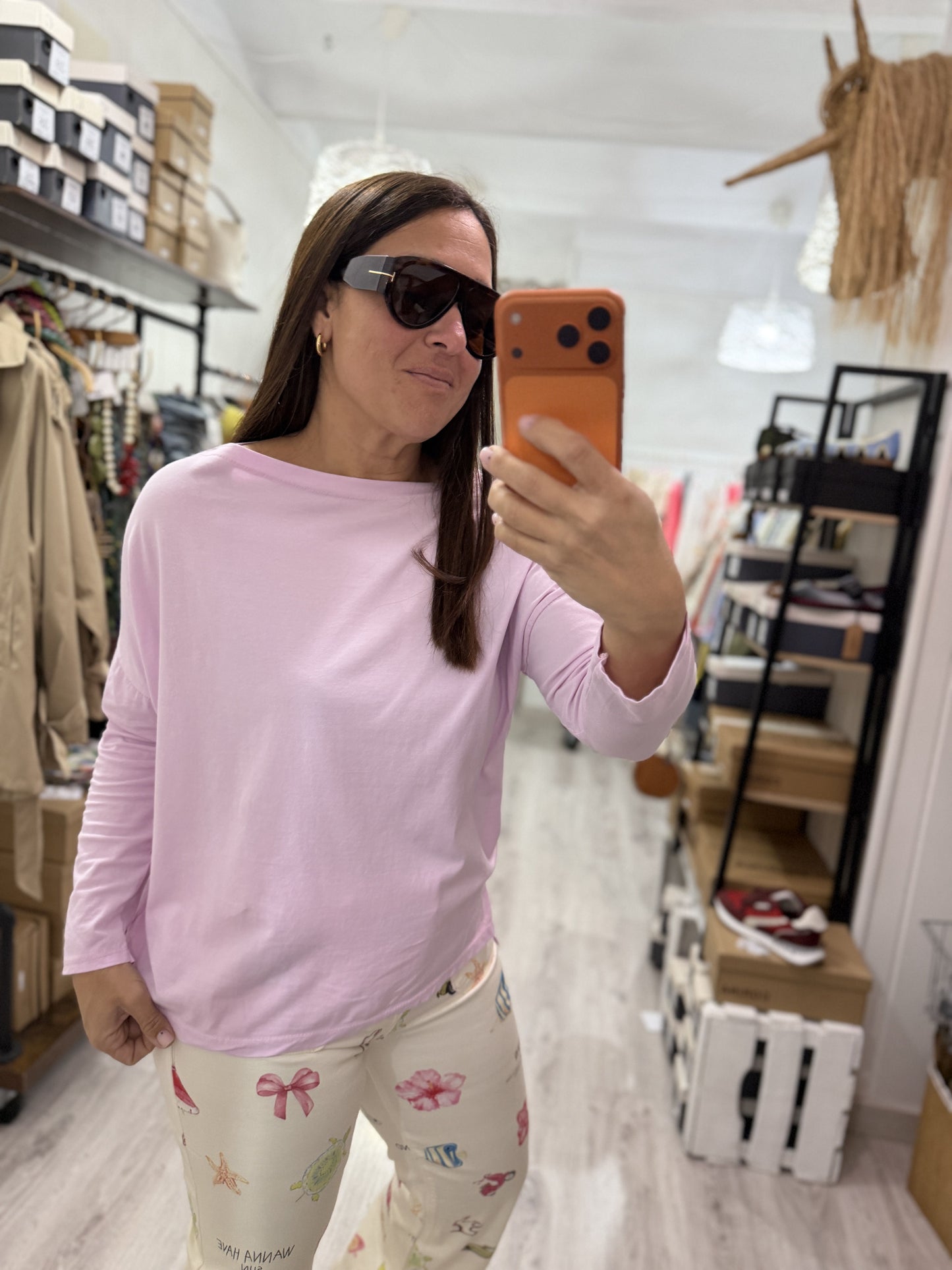 Camiseta Bardot cuello barco rosa