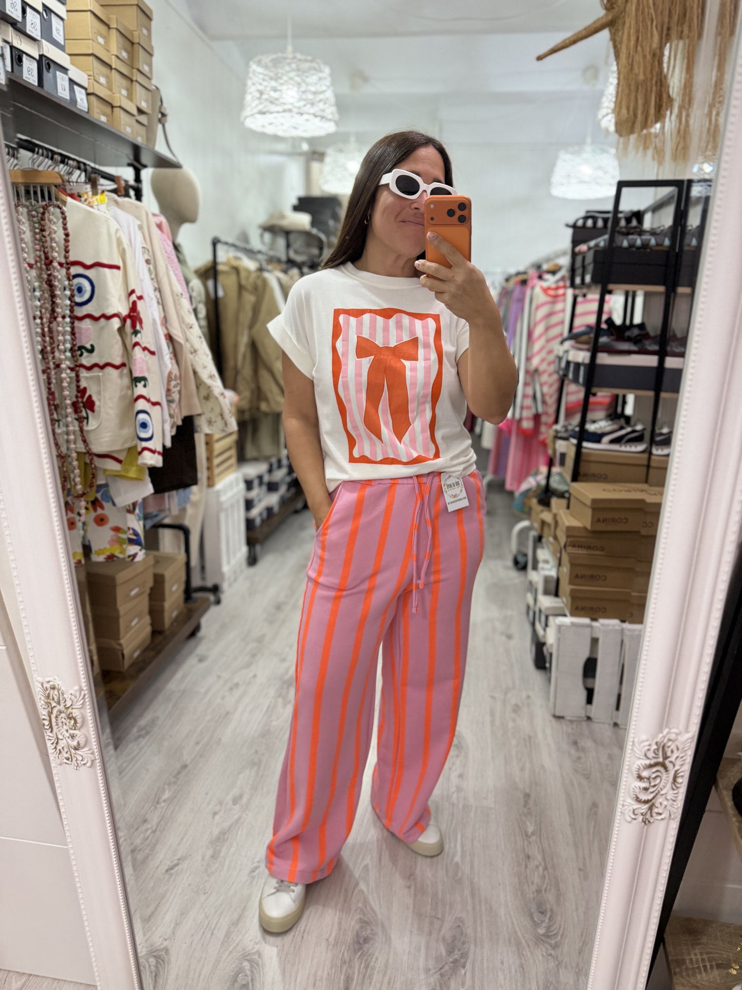 Pantalón Katia rayas contrastes rosa y naranja
