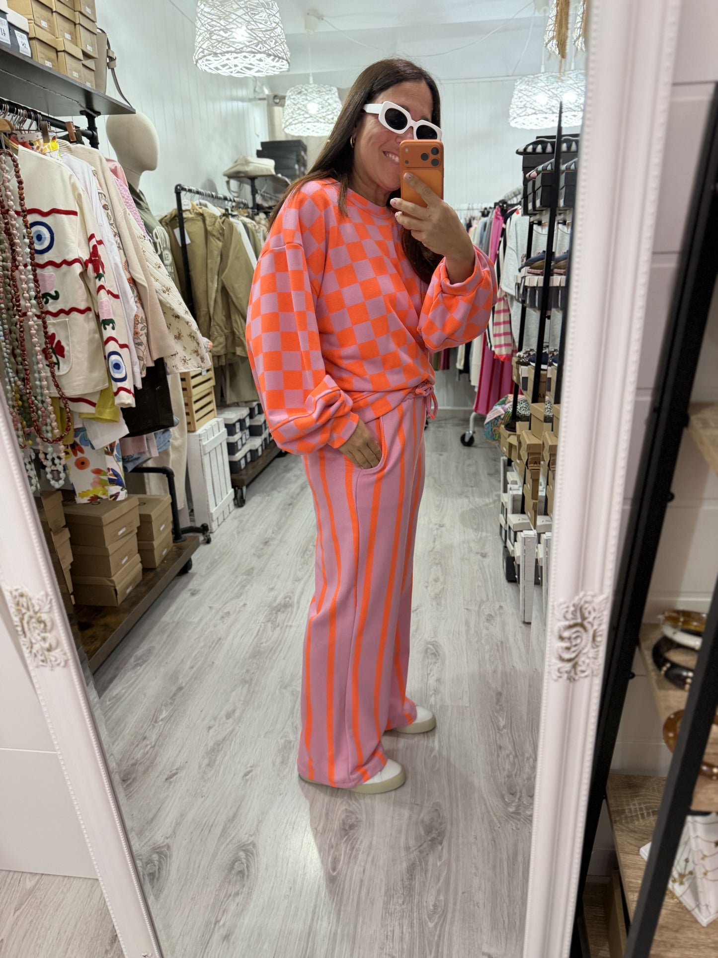 Pantalón Katia rayas contrastes rosa y naranja