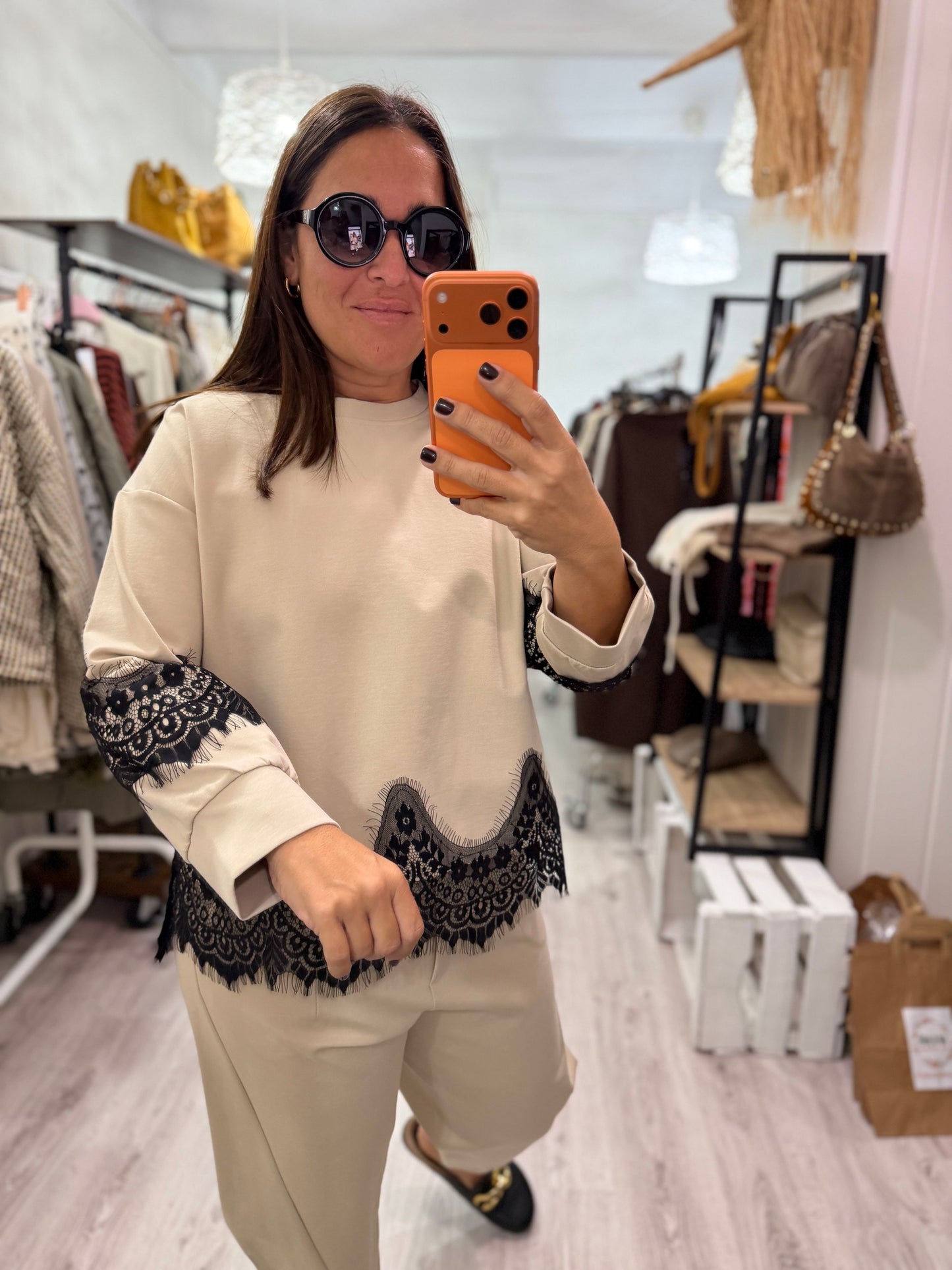 Sudadera Lace punto roma beige