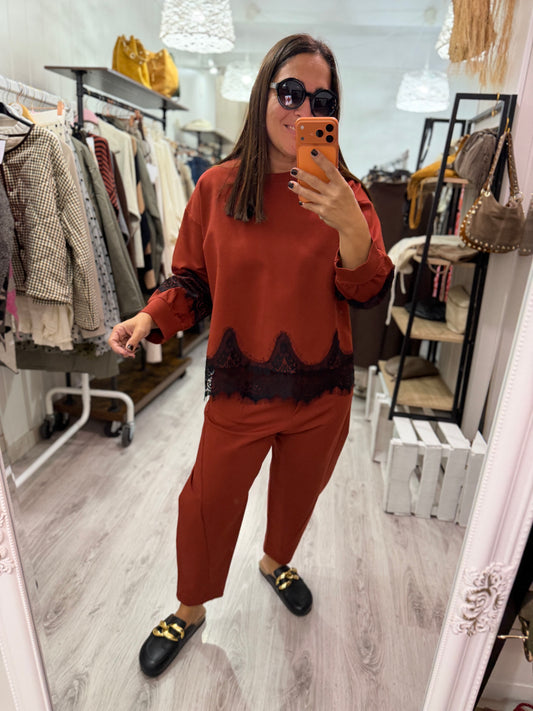 Sudadera Lace punto roma teja