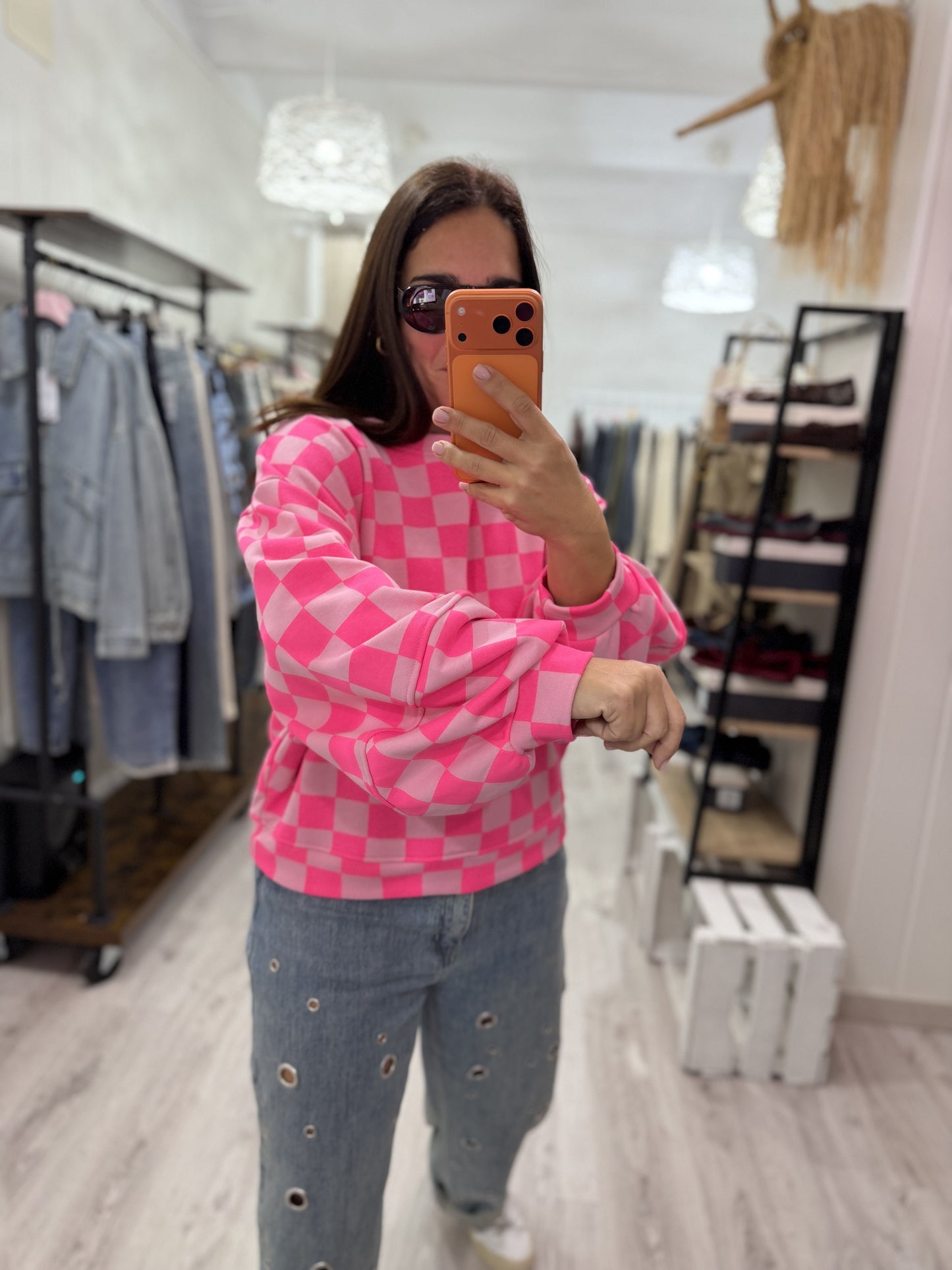 Sudadera Damero fluor fucsia y rosa