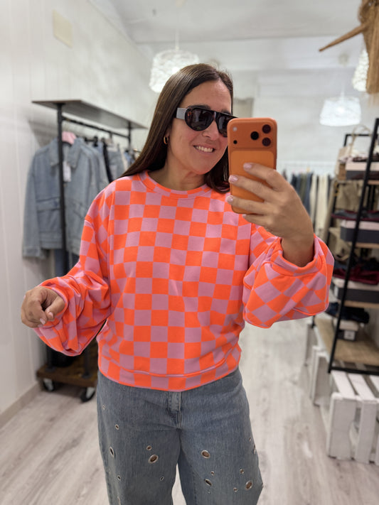Sudadera Damero fluor coral y rosa