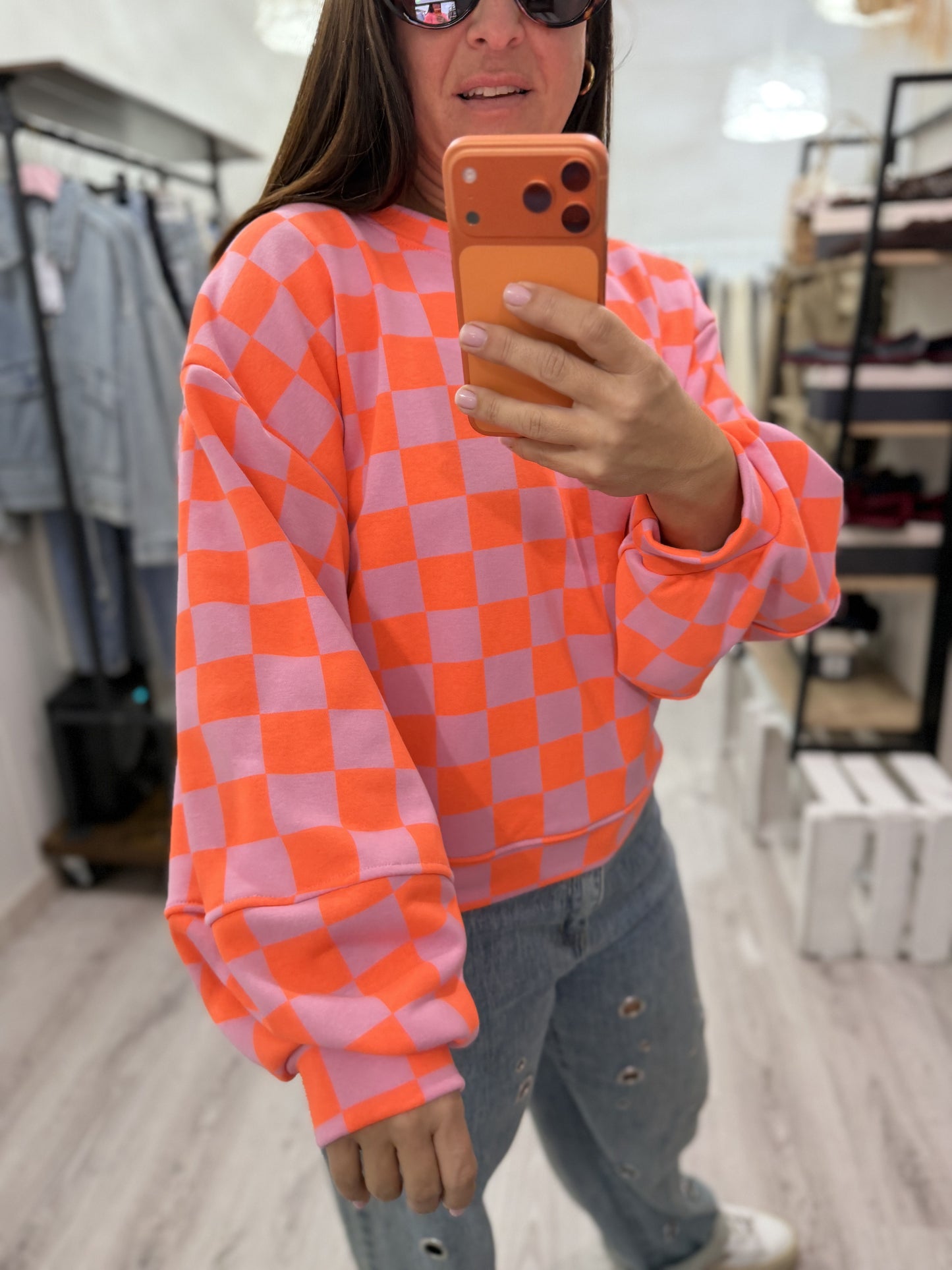 Sudadera Damero fluor coral y rosa