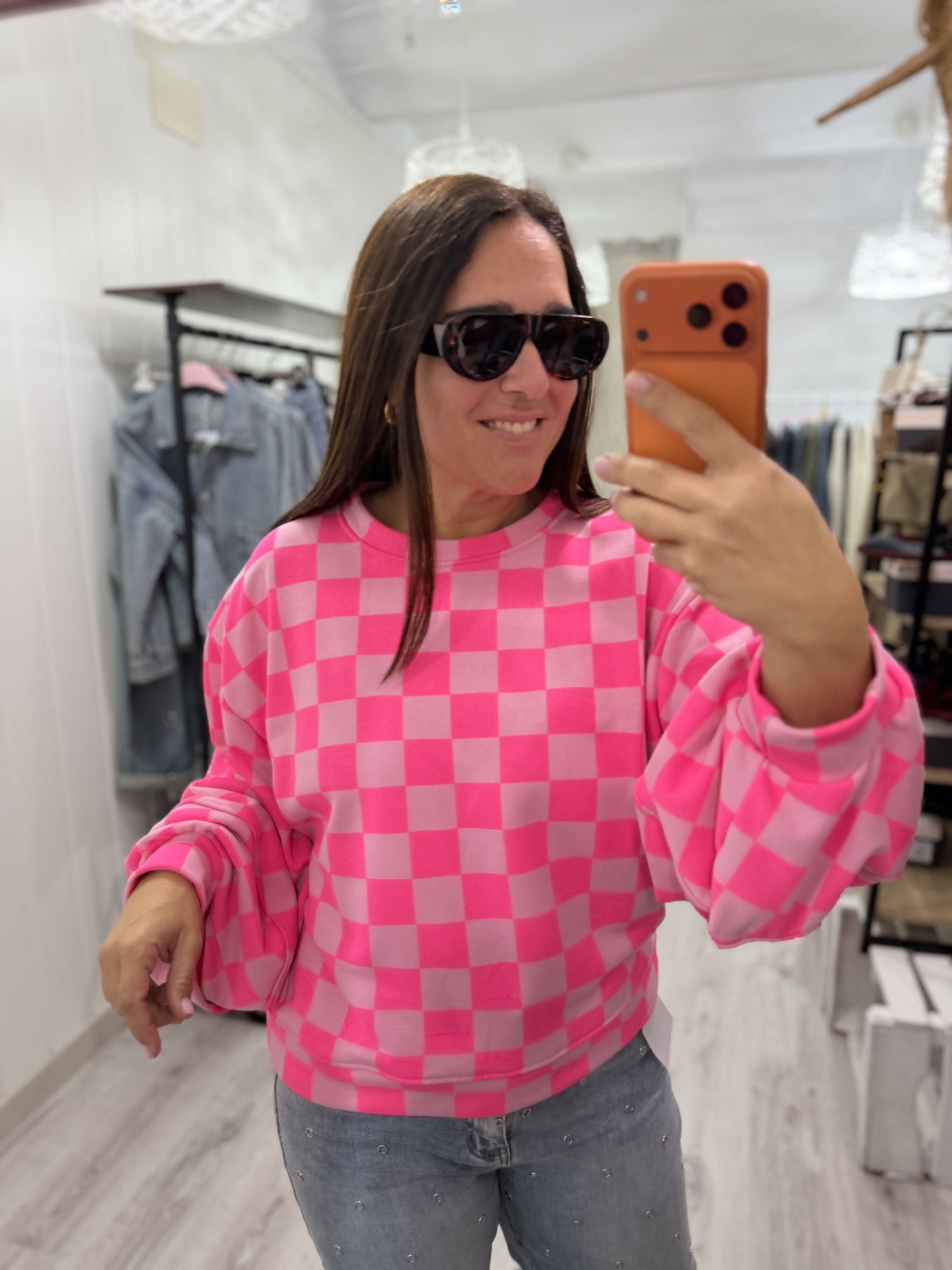 Sudadera Damero fluor fucsia y rosa