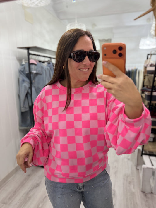 Sudadera Damero fluor fucsia y rosa