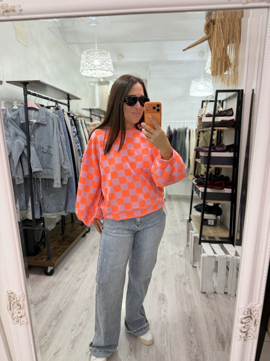 Sudadera Damero fluor coral y rosa