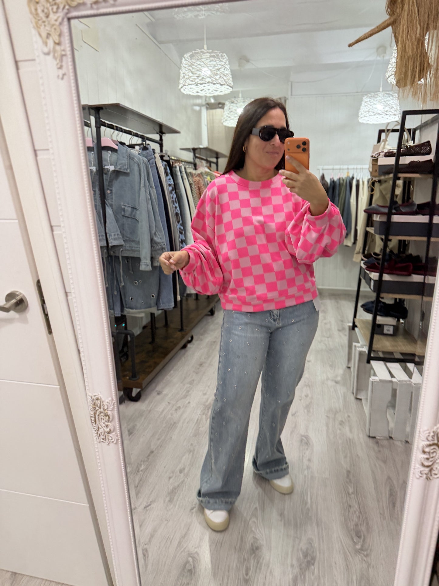 Sudadera Damero fluor fucsia y rosa