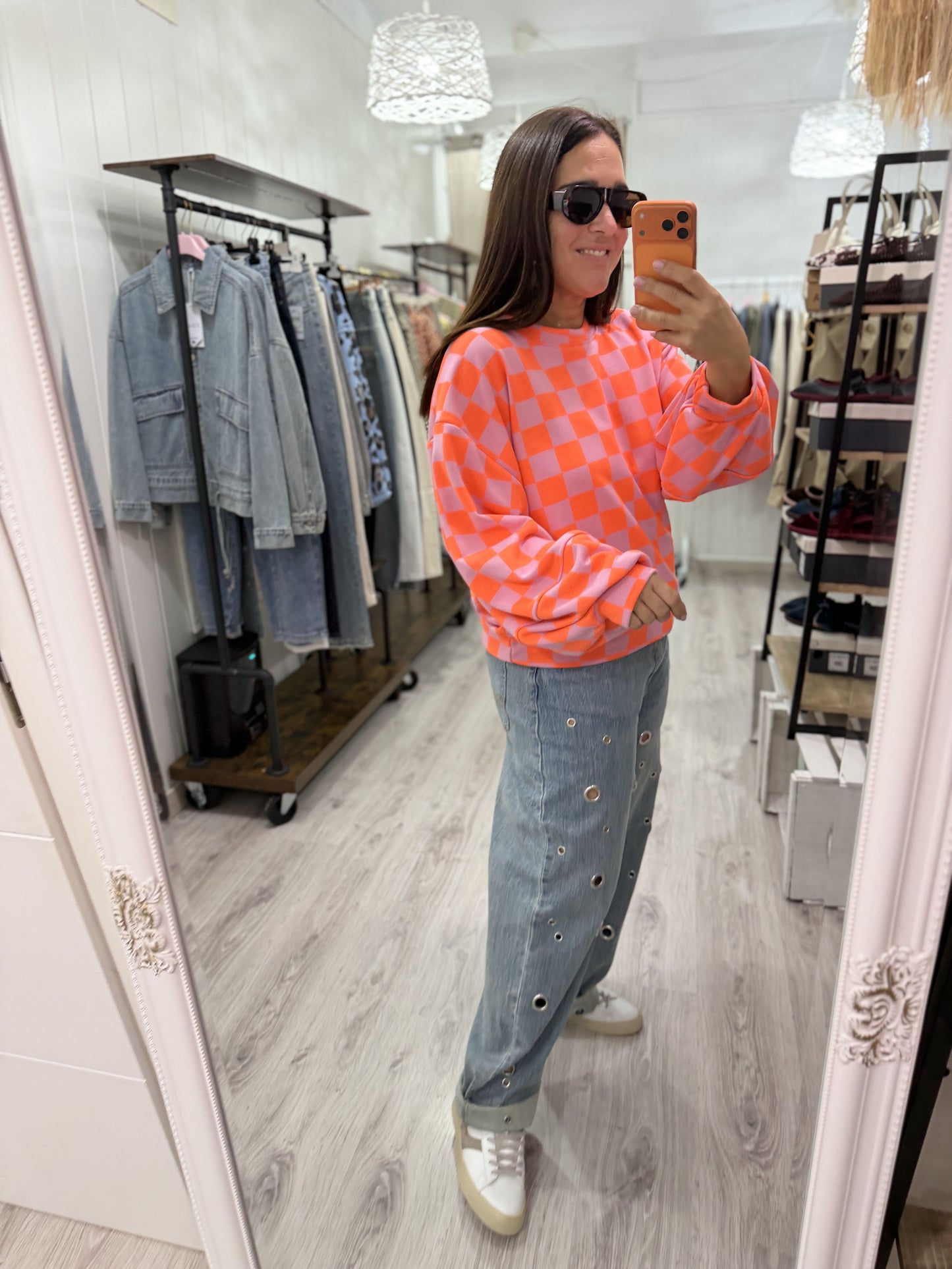 Sudadera Damero fluor coral y rosa