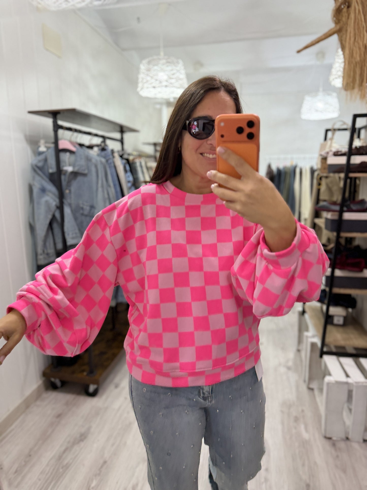 Sudadera Damero fluor fucsia y rosa