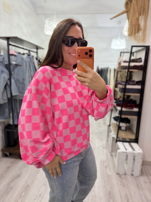 Sudadera Damero fluor fucsia y rosa