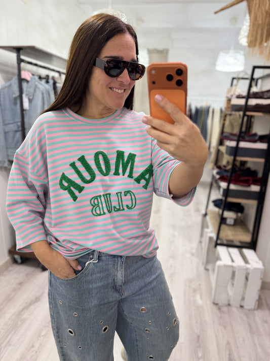 Sudadera Amour Club fluor verde y rosa