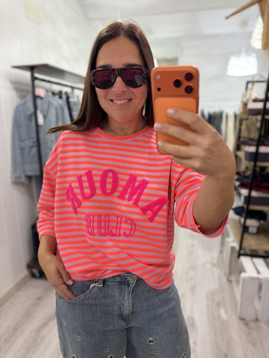 Sudadera Amour Club fluor naranja y fucsia
