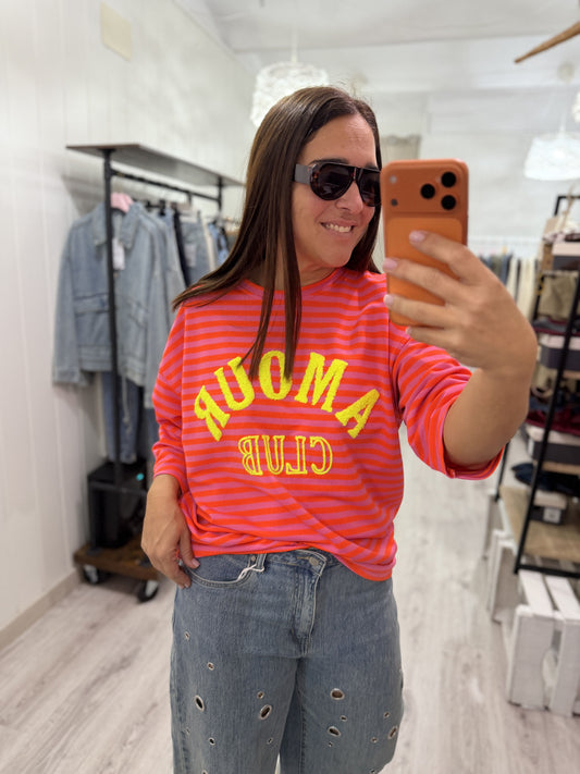 Sudadera Amour Club fluor coral y rosa